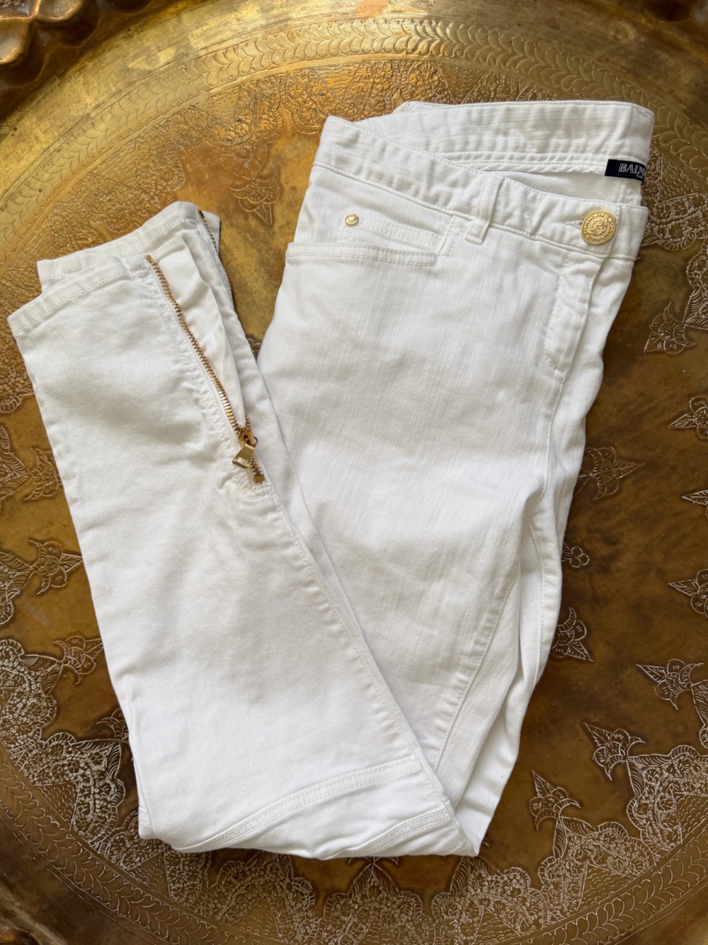 Balmain White Women’s Moto Jeans with gold Hardware